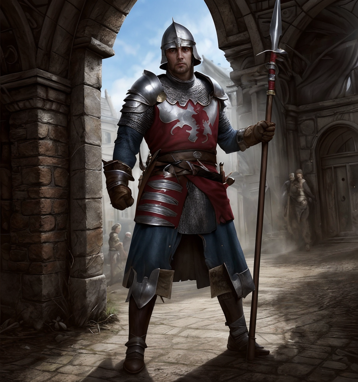 RAW photo, (masterpiece:1.3), subsurface scattering, heavy shadow, (high quality:1.4), (intricate, high detail:1.2), professional photography, HDR, High Dynamic Range, realistic, ultra realistic, photorealistic, high resolution, film photography, ambient lighting, atmospheric effects, <lora:detail_slider_v4:2>, OverallDetail,  <lora:Townguard:1>, 1boy, armor, boots, brown background, brown gloves, chainmail, facial hair, full body, gauntlets, helmet, holding, holding polearm, holding weapon, long sleeves, male focus, pauldrons, polearm, shield, shoulder armor, simple background, sky, solo, standing, sword, townguard, weapon