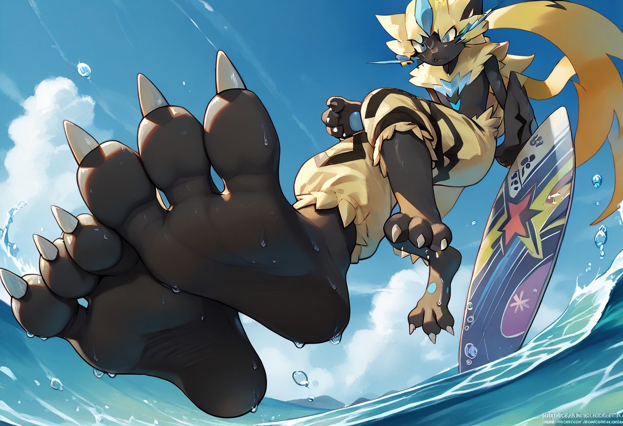 <lora:SlimesZeraora:1>, score_9, score_8_up, score_7_up, slimes_zeraora, solo, dark feet, 3 toes, foot focus, feet style, foot style, water, surfing, feet on surfboard, wet on feet, close-up