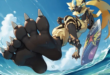 <lora:SlimesZeraora:1>, score_9, score_8_up, score_7_up, slimes_zeraora, solo, dark feet, 3 toes, foot focus, feet style, foot style, water, surfing, feet on surfboard, wet on feet, close-up