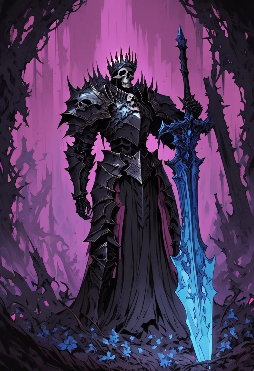 A skeletal Death knight, ribcage visible through tattered dark fabric, wearing blackened dreadwake armor with ornate skull-shaped shoulder pauldrons and a small crown of thorns on its skull, holding a massive two-handed greatsword with a glowing light blue blade planted into the ground, three-quarter view from slightly below, surrounded by stylized pink and blue flowering vines and thorny branches against a soft, pale pink backdrop, dramatic rim lighting highlighting the bone structure and armor details, intricate details on the armor and sword, dark fantasy art, Sinozick style