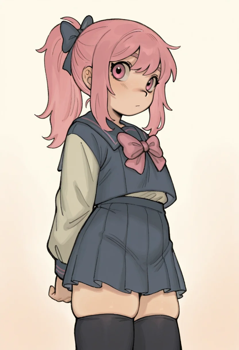 masterpiece, best quality,
<lora:Snugglepuff28:1> Sn0ggl3p0ff28,
1girl, solo,standing,looking at viewer, happy, closed mouth,pink hair, ponytail, pink eyes,school uniform, bow, long sleeves, skirt, skindentation, thighhighs,