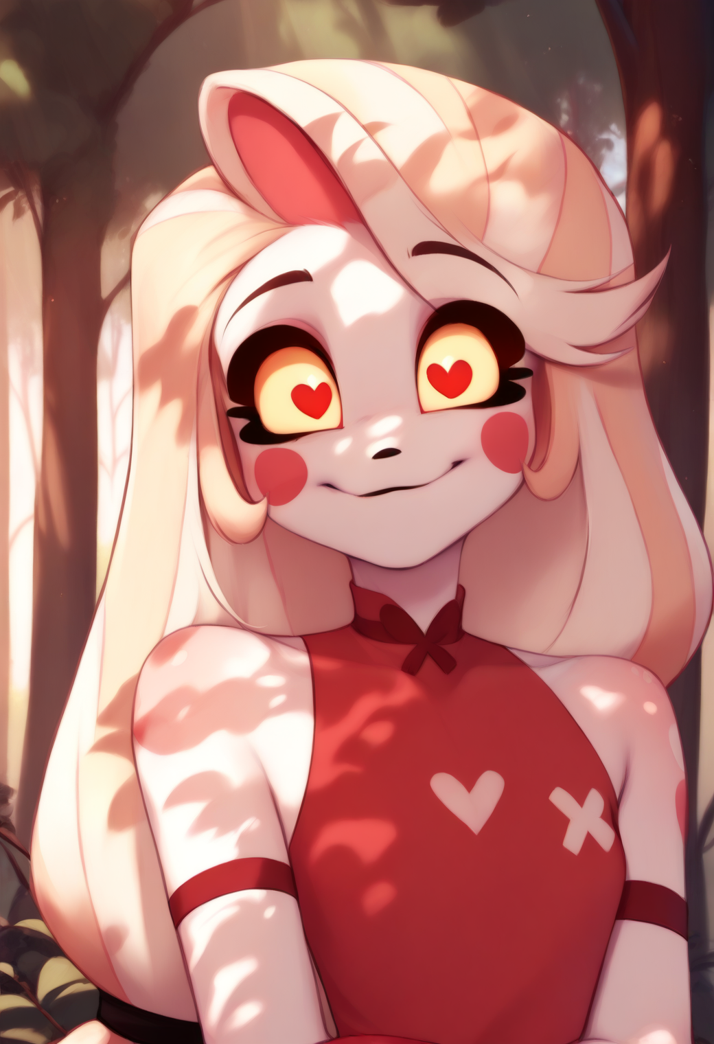 <lora:hazbin_hotel_ponyxl_v1:1>, charlie, white skin, bare shoulders, red eyes, solo, red dress, heart print, outdoors, tree shade, dappled sunlight, forest, day, sparkling eyes, smile, closed mouth,
BREAK
score_9, score_8_up, score_7_up, score_6_up, <lora:PersonalAmi_PonyXL_resize:1>