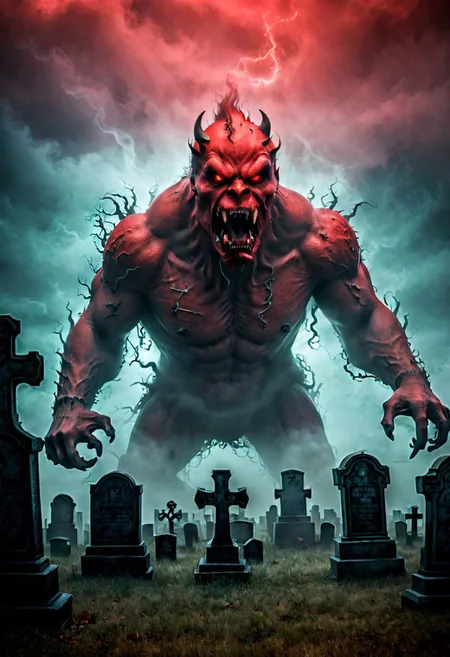 lightening, dark, night, (beast appears from the fog and mist in a creepy graveyard, The beasts looks very angry and ready to cause chaos,  red DEVIL SPAWN