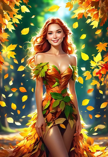 masterpiece, ultra HD, ultra detailed, ultra realist, hyperkraximalism, midjourneyv6.1, portrait of a beautiful woman wearing a dress made of tree leaves, (((dress made of leaves))), sexy , alluring,  , bare shoulder, large breast, wide smile, natural skin, ginger hair, long hair
,green_leaf, autumn_leaf, yellow_leaf, orange_leaf, red_leaf, brown_leaf, light_effect , dynamic cinematic lighting, ray_tracing, global illumination, masterful composition, dynamic movement