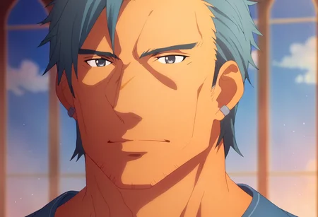 score_9, <lora:Bercouli_Synthesis_One:1> bercouli synthesis one, 1boy, bercouli synthesis one, blue hair, closed mouth, earrings, facial hair, grey eyes, jewelry, male focus, parody, portrait, solo, stubble