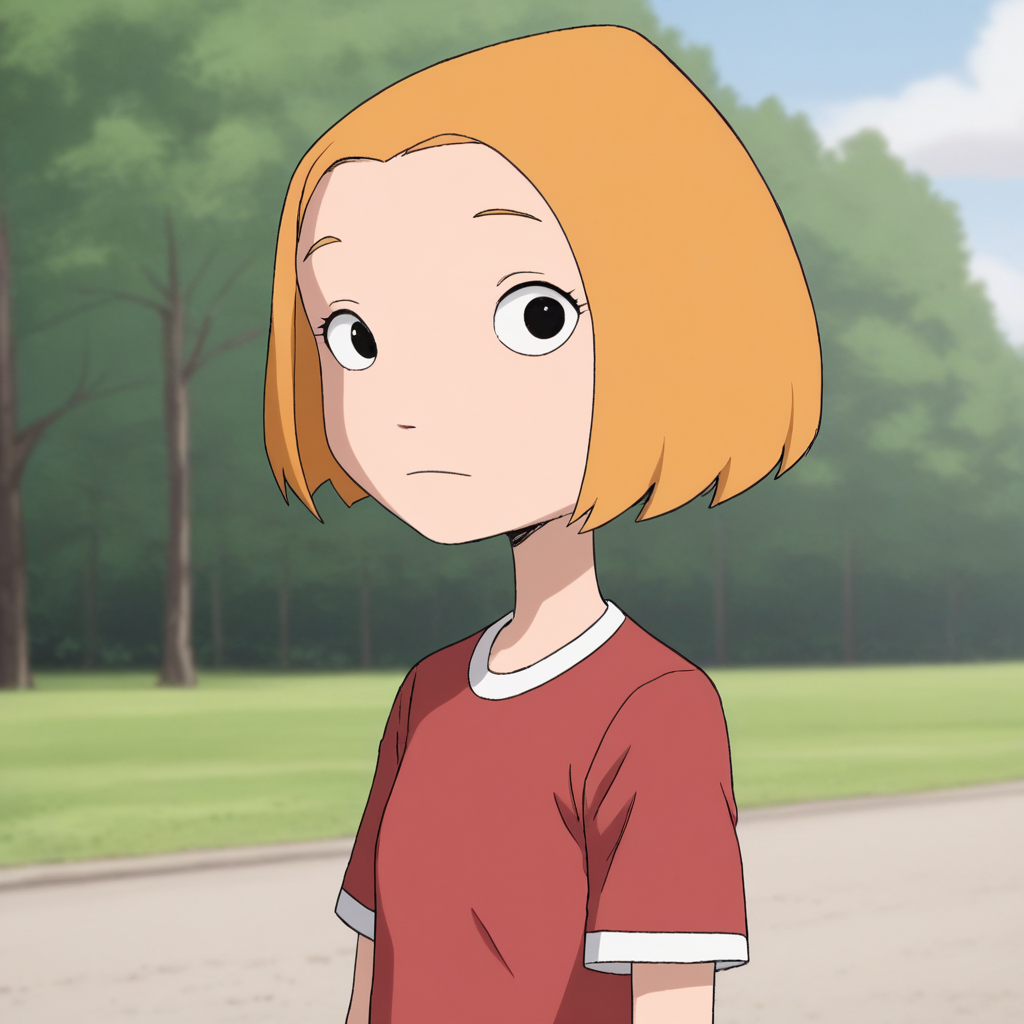 score_7_up, BREAK, lormcquarrie, 1girl, solo, blonde hair, short hair, black eyes, red shirt, short sleeves, upper body, outdoors,    <lora:LorMcQuarrie_PXL_Leaf1:1>, looking at viewer,