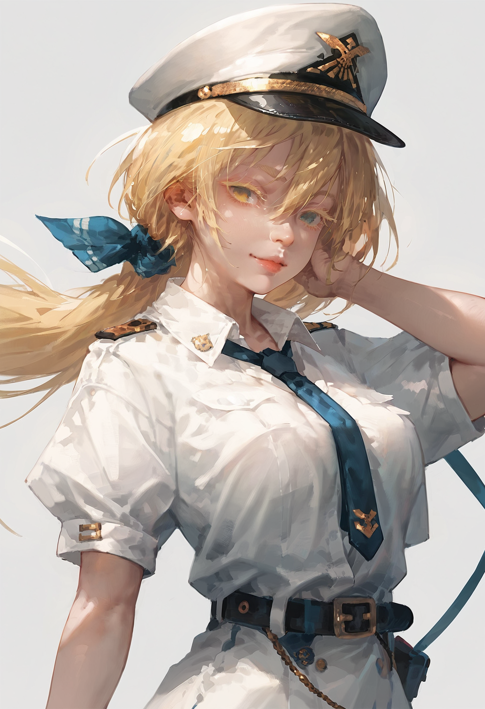score_9, score_8_up, score_7_up, 1girl, peaked cap, blonde hair, white shirt, necktie, looking at viewer, colored eyelashes, hair ribbon, belt, skirt, light smile, simple background
<lora:style_taejune_kim_1:1>