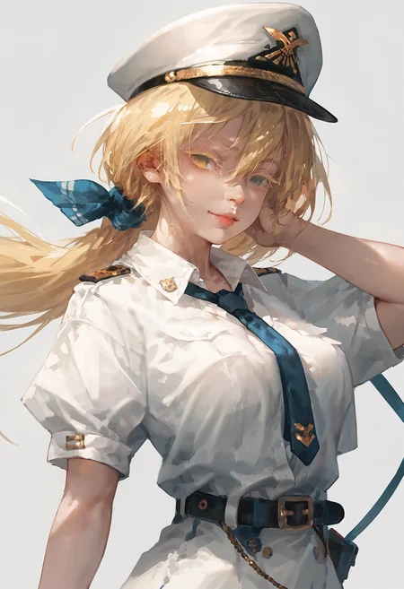 score_9, score_8_up, score_7_up, 1girl, peaked cap, blonde hair, white shirt, necktie, looking at viewer, colored eyelashes, hair ribbon, belt, skirt, light smile, simple background
<lora:style_taejune_kim_1:1>