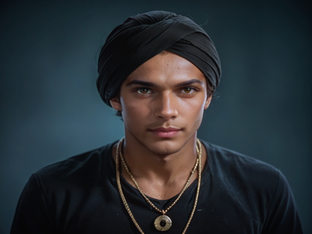 Score_9, score_8_up, score_7_up, realistic, BagdadThief, technicolor, a man wearing a turban, dark skin, necklace <lora:Bagdad:.6>