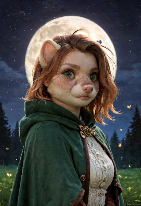 score_9, score_8_up, score_7_up, score_6_up, solo, stoat, beige fur, freckles, fantasy clothes, green clothes, blond hair, green cape, female, forest background, lush field background, field, weasel, green eyes, portrait, bright hair, ((night, dark, moon, blue sky)), fireflies