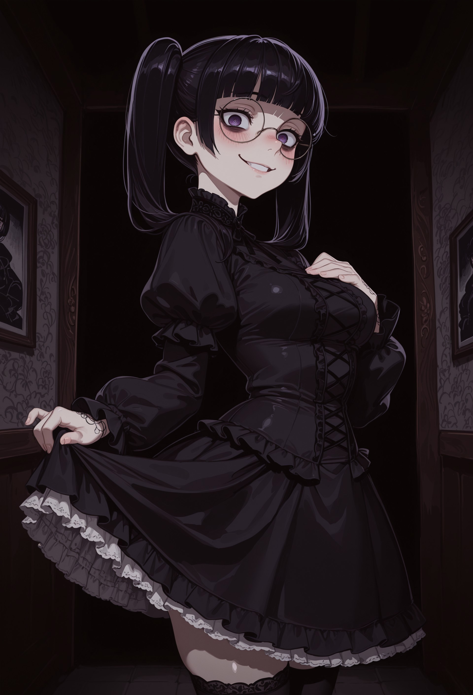 1girl, porcelain skin, blush, dark purple eyes, bags under eyes, crazy eyes, jitome, desperate gaze, round glasses, upturn nose, black hair, glossy hair, glossy lips, twintails, blunt bangs, gloomy, obsessive, parted lips, evil smile, medium breasts, ornate clothes, black frilled blouse, black miniskirt, white petticoat, long sleeves, puffy sleeves, black thighhighs, mary janes, standing, from side, looking at viewer, hand on own chest, skirt hold, upper body
BREAK 
dilapidated house, dark, masterpiece, best quality, very aesthetic, absurdres, vignetting, chiaroscuro, hard shadows, Expressiveh