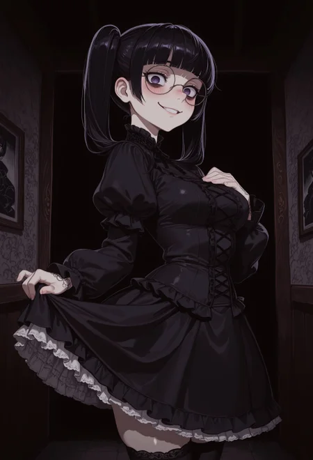 1girl, porcelain skin, blush, dark purple eyes, bags under eyes, crazy eyes, jitome, desperate gaze, round glasses, upturn nose, black hair, glossy hair, glossy lips, twintails, blunt bangs, gloomy, obsessive, parted lips, evil smile, medium breasts, ornate clothes, black frilled blouse, black miniskirt, white petticoat, long sleeves, puffy sleeves, black thighhighs, mary janes, standing, from side, looking at viewer, hand on own chest, skirt hold, upper body
BREAK
dilapidated house, dark, masterpiece, best quality, very aesthetic, absurdres, vignetting, chiaroscuro, hard shadows, Expressiveh