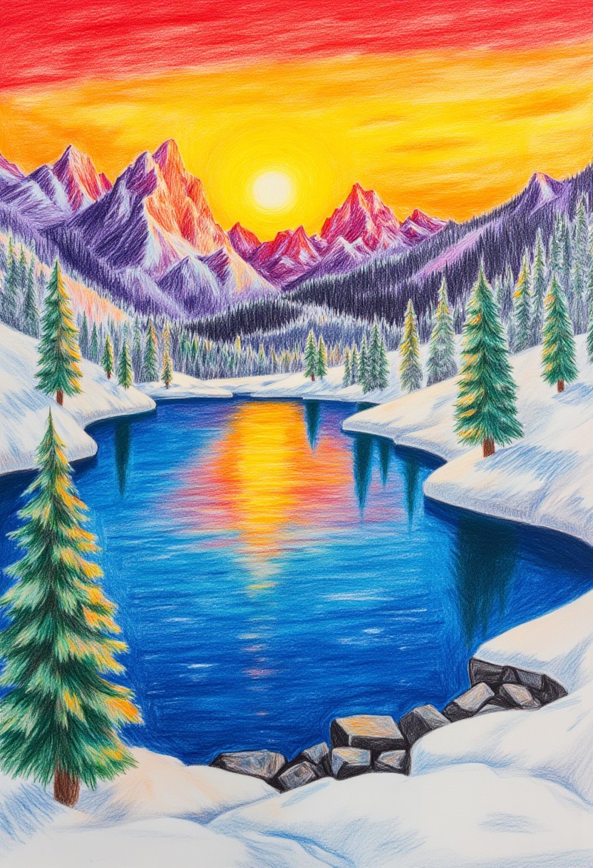 a snowy mountain with a forest and lake. Sunset, colorful crayon