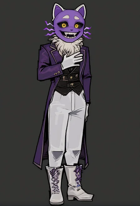(score_9, score_8_up:1.1), score_7_up, masterpiece, perfect face, beautiful face, perfect hands, beautiful hands, <lora:Limbus_Fight_Artstyle:1>, Limbus_Chibi_Artstyle, chibi, ((black background)), 1boy, solo, full body, <lora:Pocket_Cat_Fear__Hunger_PonyXL:0.8>, PocketCat, cat, purple latex cat mask, purple fur, wide smile, sharph teeth, purple blazer, trousers, white boots, white gloves, fur trim, purple jacket, white pants, standing, slightly tilted body, hand on chest, arm extended forward, yellow eyes, black sclera, male focus, standing