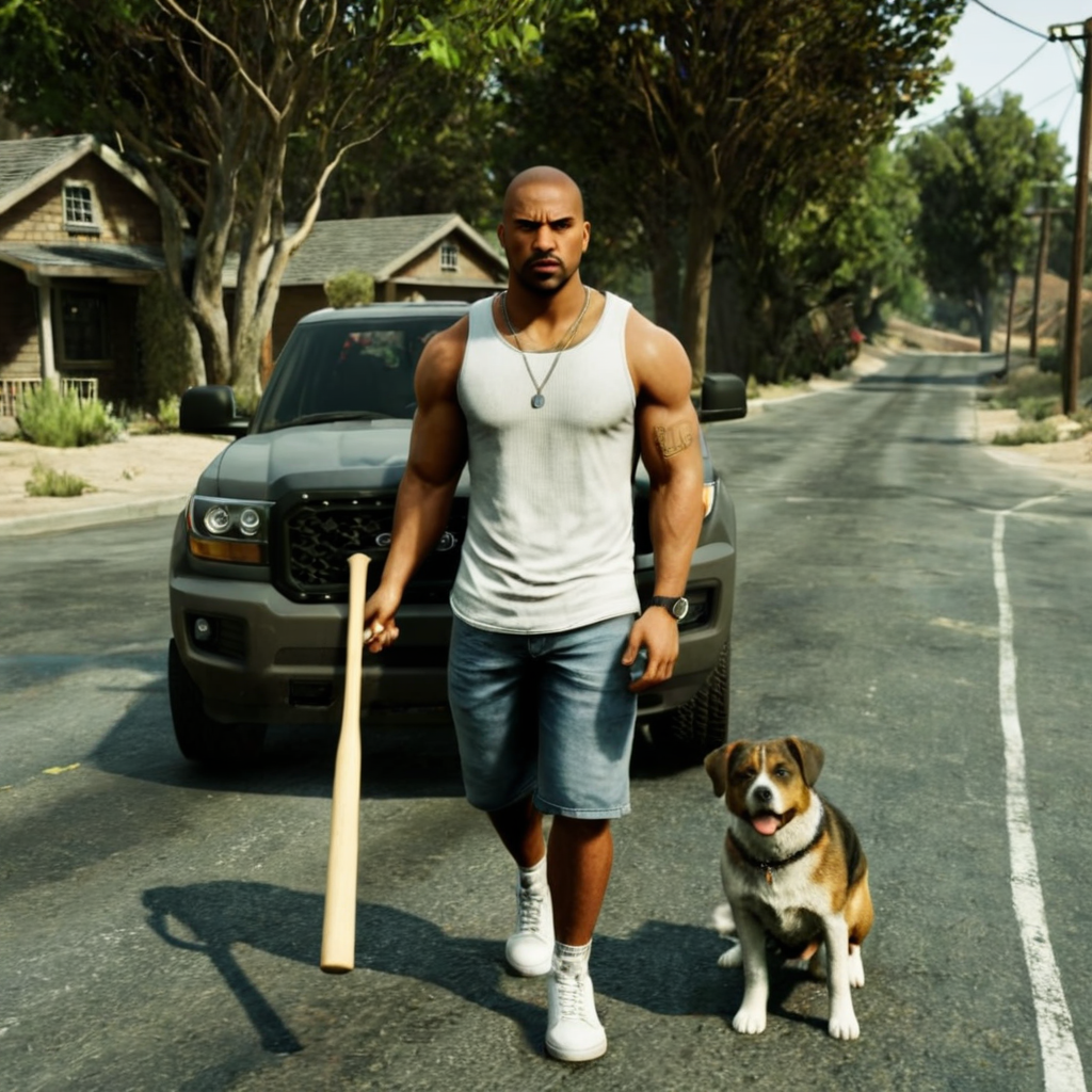 professional 3d model of  <lora:GTA style:0.7>
 <lora:Unreal Engine style:0.9> Unreal Engine style
 <lora:Hollywood Anamorphic format film style:0.2> Hollywood Anamorphic format film style
 <lora:add-detail-xl:0.3>
 <lora:perfection style:0.3> perfection style
 <lora:xl_more_art-full_v1:0.1>
 <lora:detailed:0.1>
 <lora:PerfectEyesXL:0.3>
A different perfect unique motion picture image of a man holding a baseball bat next to a dog, action-adventure movie themed style, sharp, detailed, epic cinematic photorealism style, artistic creative style, dramatic cinematic light style, cinematic color style, Grand Theft Auto style, GTA style, solo, open mouth, 1boy, male focus, outdoors, shorts, dark skin, tree, facial hair, chain, dark-skinned male, tank top, ground vehicle, building, motor vehicle, dog, car, bald, power lines, holding, sky, collar, animal, watch, leash, road, white tank top, house, very dark skin, utility pole
, octane render, highly detailed, volumetric, dramatic lighting