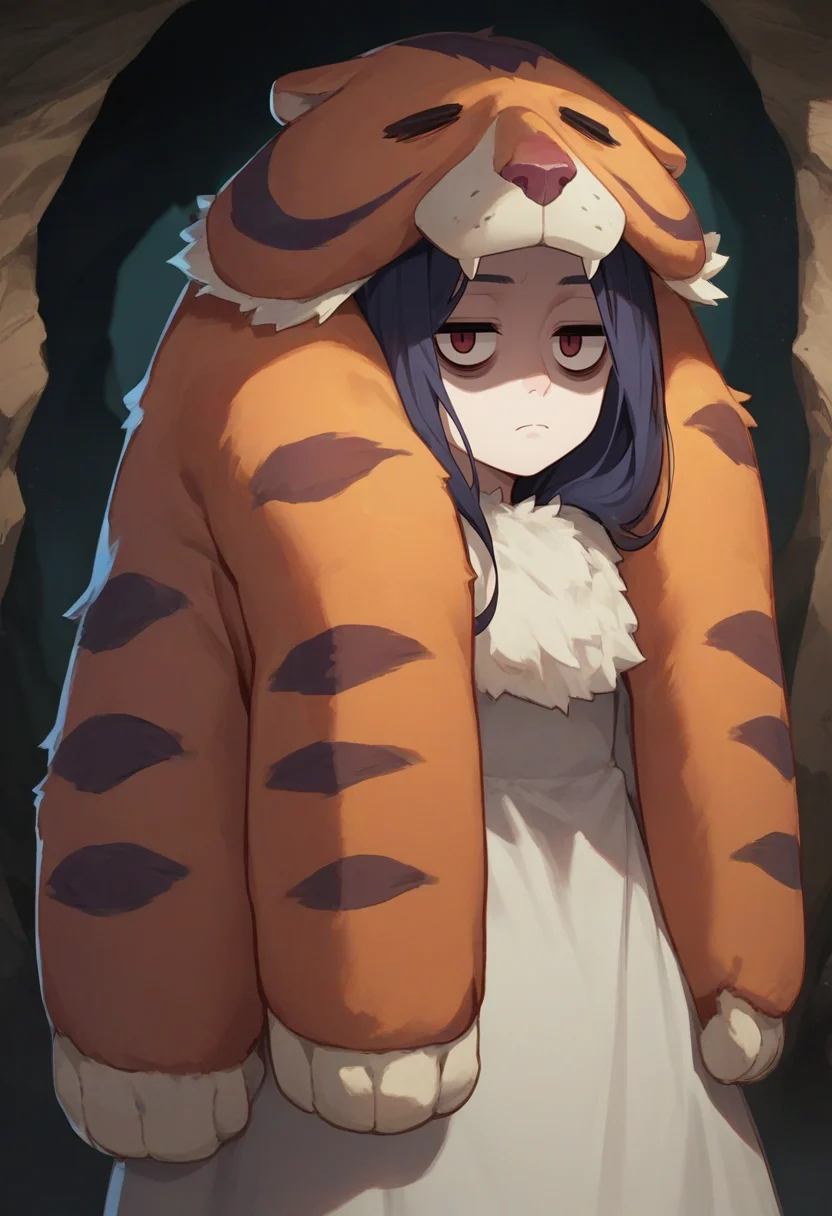 score_9, score_8_up, score_7_up, source_anime, 1girl, razmi, expressionless, looking at viewer, standing, bags under eyes, pelt, hood, fur-trimmed dress, cave <lora:indivisible_razmi_ponyXL:1>