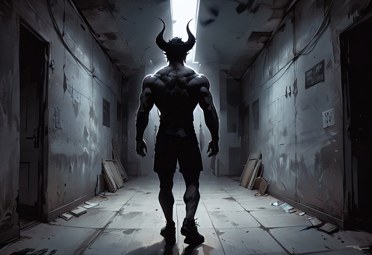fullbody, full body, back view, <lora:Super perspective and fight stance:1.5>, ((super low perspective)), low perspective, ((fisheye)), dark atmosphere, dark shadow, deep shadow, shadow, aura, red aura,
Man with demon horns in black shorts walking away from the long dark office corridor, Adult, Mesomorph Muscular body, short Muscular neck, Rectangle faces, broad Muscular shoulders, Muscular fitness arms,  black short combed back hair,  Angular jawline,  Designer Stubble black whiskers, triangular black hair beard, Muscular fitness ass,  Athletic thighs, Muscular fitness legs,  big muscles,  dark black skin,
graphic style of novel comics, perfect hands, 2d,
8k, hyperrealism, masterpiece, high resolution, best quality, ultra-detailed, super realistic, Hyperrealistic art, high-quality, ultra high res, highest detailed, lot of details, Extremely high-resolution details, incredibly lifelike, colourful, soft cinematic light,