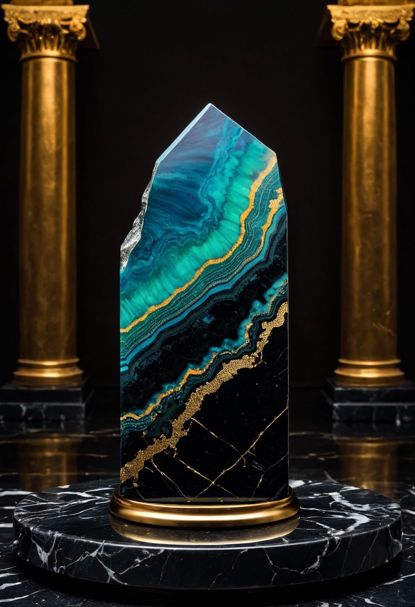 Fujifilm XT3, Sony A7 IV, (award winning photography) a (black: 0.89) marble hand made of opal (Kintsugi: 0.89) set on a pedestal in temple, glistening. in the background beautiful pillars, divine (iridescent: 0.79), opalescent textures, volumetric light, ethereal, sparkling, studio photo, highly detailed, sharp focus (highest quality: 1.39) (highest coherency: 1.39) (award winning photography), highly detailed photography, (muted colors, cinematic, dim colors, soothing tones:1.2), vibrant, insanely detailed, hyperdetailed, (dark shot:1.2), (vsco:0.3), (intricate details:0.9), (hdr, hyperdetailed:1.2) (vignette), sss, raw photo, fijifilm, kodak, cinematic film grain