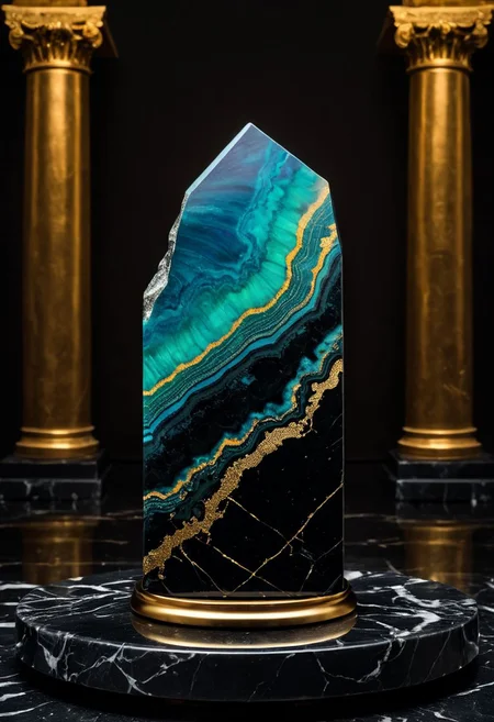 Fujifilm XT3, Sony A7 IV, (award winning photography) a (black: 0.89) marble hand made of opal (Kintsugi: 0.89) set on a pedestal in temple, glistening. in the background beautiful pillars, divine (iridescent: 0.79), opalescent textures, volumetric light, ethereal, sparkling, studio photo, highly detailed, sharp focus (highest quality: 1.39) (highest coherency: 1.39) (award winning photography), highly detailed photography, (muted colors, cinematic, dim colors, soothing tones:1.2), vibrant, insanely detailed, hyperdetailed, (dark shot:1.2), (vsco:0.3), (intricate details:0.9), (hdr, hyperdetailed:1.2) (vignette), sss, raw photo, fijifilm, kodak, cinematic film grain