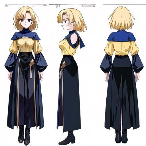 anime, blonde, very messy hair girl, gothic style, no sleeve yellow shirt, black skirt, shoulder, witch, serious face, medieval fantasy, medieval castle, wizard uniform, 1980s (style), retro artstyle, model sheet, simples bsckground, chara-sheet