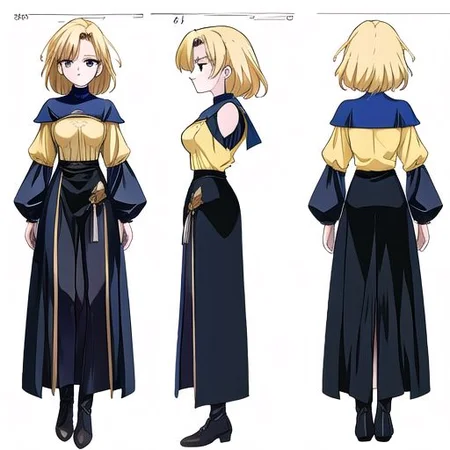 anime, blonde, very messy hair girl, gothic style, no sleeve yellow shirt, black skirt, shoulder, witch, serious face, medieval fantasy, medieval castle, wizard uniform, 1980s (style), retro artstyle, model sheet, simples bsckground, chara-sheet