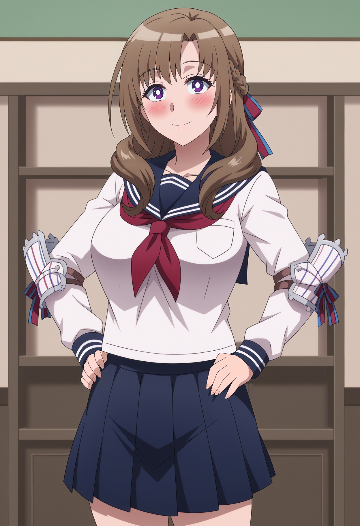 <lora:Mamako_Oosuki-Tsuujou_Kougeki_ga_Zentai_Kougeki_de_Ni-kai_Kougeki_no_Okaasan_wa_Suki_desu_ka:0.9>,Mamako,mature female,1girl,solo,brown hair,purple eyes,braid,long hair,bright pupiles,ribbon,large breasts,serafuku,elbow armor,socks,skirt,shirt,cowboy shot,hands on own hips,looking at viewer,smile,blush,indoors