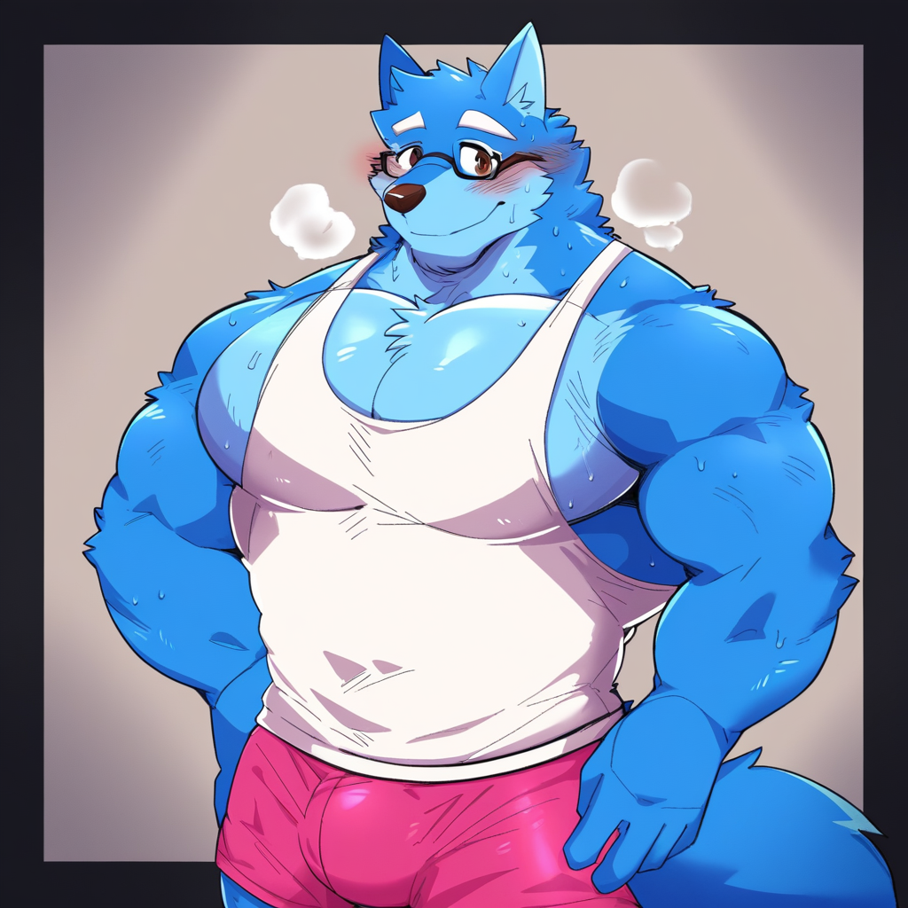 Muscular male, 1boy, solo, gym background, furry, wolf, blue body, black glasses, brown eyes, large pectorals, white tank top, pink shorts, smiling, sweating, blushing, standing