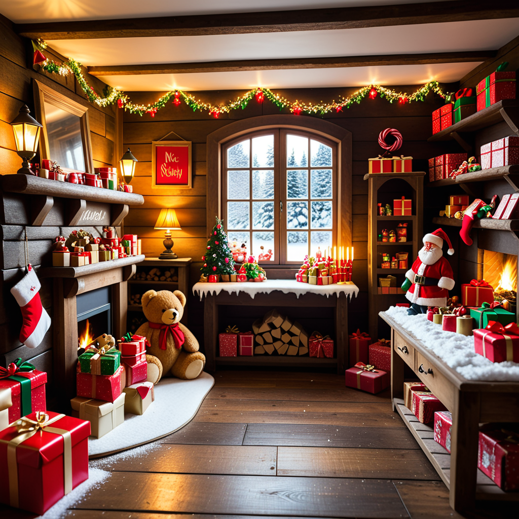 A warm, inviting photograph of Santa Claus's workshop, completely empty yet brimming with festive energy. The room is illuminated by soft golden light from lanterns hanging from wooden beams and a crackling fireplace in the corner. Wooden tables are scattered with tools, paints, and half-assembled toys, including a bright red train, a teddy bear, and colorful wooden blocks. Shelves along the walls overflow with vibrant gift boxes, plush toys, and neatly stacked wrapping paper rolls. The floor is dusted with wood shavings and glitter, adding a sense of activity left behind. Snow-covered windows reveal a faint winter landscape outside, with icicles hanging from the edges. A large chalkboard on one wall lists "Nice & Naughty" names in festive handwriting. The air feels magical, as though the elves just stepped out for a break, leaving the workshop frozen in a perfect holiday moment.<lora:SDXLFaeTastic2400:0.4> <lora:extremely_detailed:0.4> extremely detailed,, Masterpiece,best quality,hi res,8k,hi res,8k,award winning,(sharp focus, intricate, highly detailed),