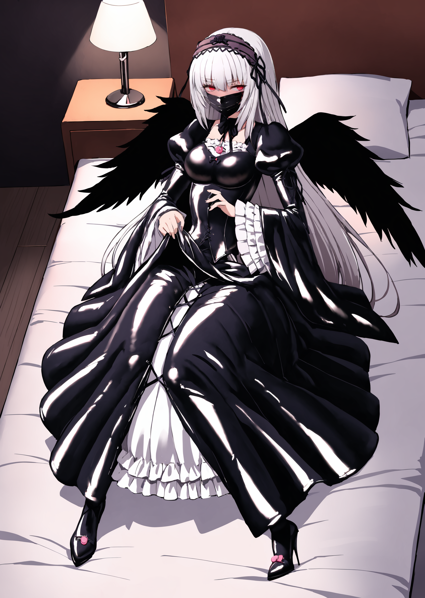 masterpiece, ultra detailed, perfect anatomy,
1girl, (suigintou:1.2), rozen maiden,
long hair, red eyes, long sleeves, blunt bangs, black dress, black neck ribbon, black footwear, frills, wide sleeves, very long hair, puffy sleeves, juliet sleeves, black corset, feathered wings, black wings,
silver hair, straight hair, medium breasts, black hairband, (long skirt:1.2), high heel boots, cross-laced clothes, cross,
bdsm, asphyxiation, ahegao, impossible clothes, impossible bodysuit, latex mouth mask, (egg vibrator:1.2), (skirt lift:1.2), 
indoors, hotel room, lying on bed,
shiny latex, latex fetish, latex fashion,
detailed face, detailed hair, detailed eyes, cinematic lighting,
solo, SimplepositiveXLv1 <lora:char - suigintou - v1 - bionagato_2:0.75> <lora:tesomu-sdxl-bf16-full:1>