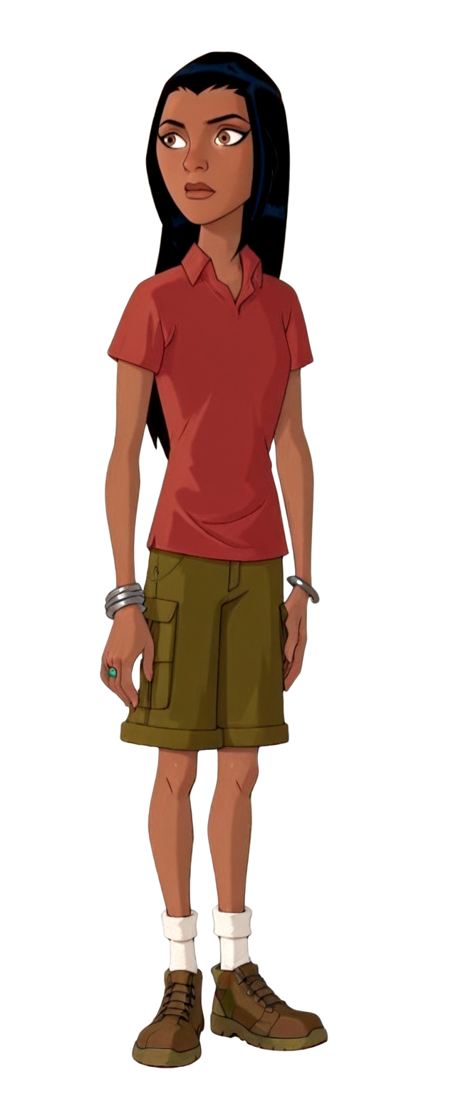 kaiOS, kaiOS outfit1, 1girl, solo, dark-skinned female, bracelet, green shorts, full body, brown eyes, white socks, black hair, polo shirt, long hair, ring, brown footwear, collared shirt, white background, detailed, masterpiece,best quality,amazing quality,