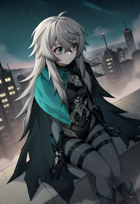 score_9, score_8_up, score_7_up, score_6_up, source_anime, BREAK dutch angle, rooftop, cityscape, fog, night, starry sky, 1girl, <lora:KatjaPDXL-v2-17:1.0> katja, long hair, grey hair, aqua eyes, hair between eyes, ahoge, bodysuit, cape, gloves, sitting, arm support, looking to the side,