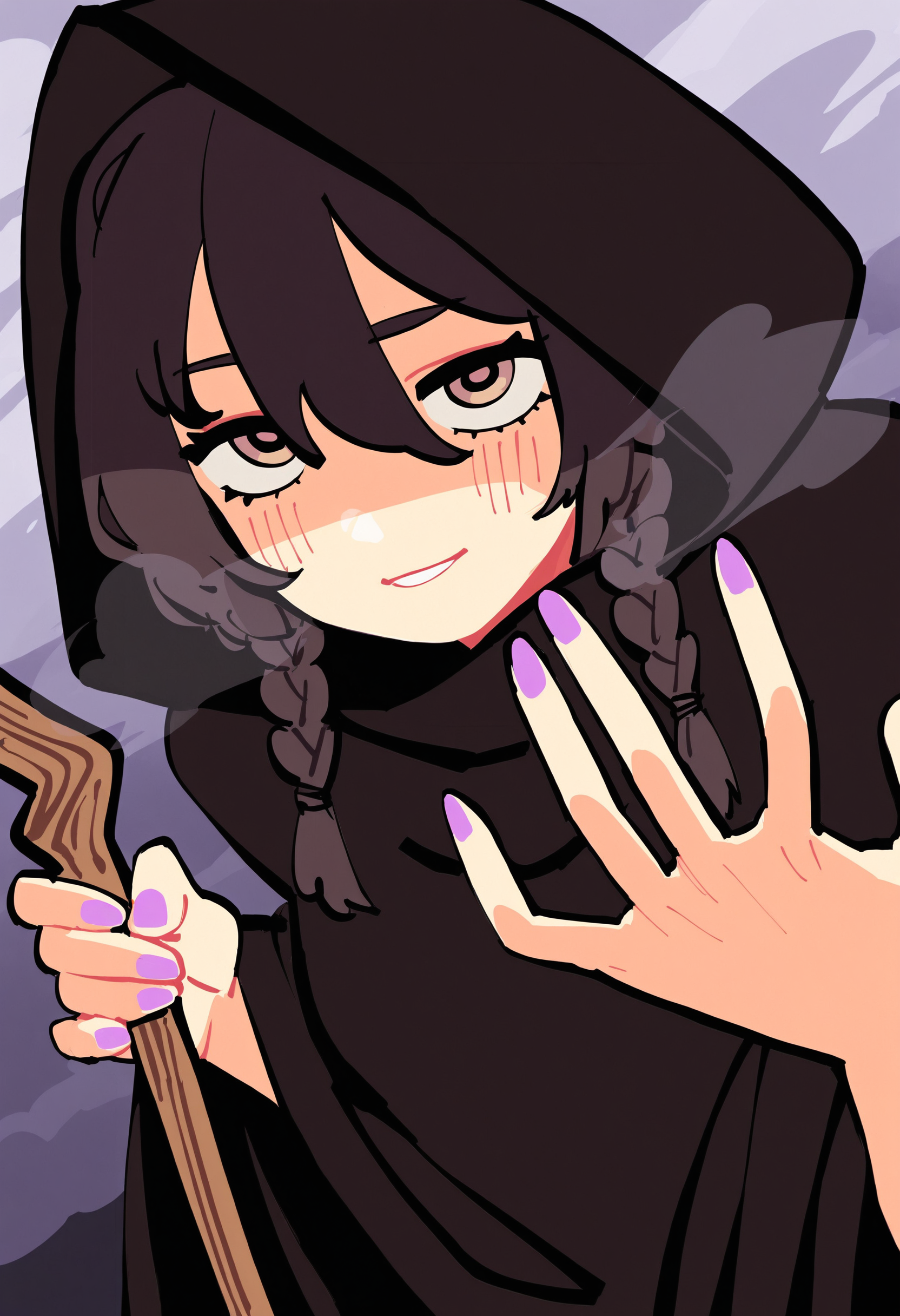 wwafr, masterpiece, best quality, amazing quality, very aesthetic, high resolution, very awa,
1girl, face focus, twin braids, dutch angle,  light smile,  fog, holding mage staff, hood up, cloak, hand focus, dynamic pose, purple nails, hair between eyes,  <lora:wwafr-10:0.9>