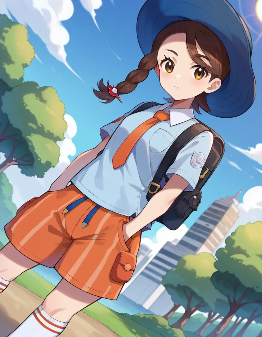 score_9, score_8_up, score_7_up, source_anime,
pokemonjuliana, <lora:pokemon-juliana-ponyxl-lora-nochekaiser:1>
pokemonjuliana, braid, brown eyes, brown hair, hair ornament, hairclip, side braid, single braid, swept bangs,
backpack, bag, blue headwear, blue shirt, breast pocket, collared shirt, hat, kneehighs, naranja academy school uniform, necktie, orange necktie, orange shorts, pocket, school uniform, shirt, short sleeves, shorts, socks, striped, striped shorts, sun hat, white socks,
outdoors, cityscape,
looking at viewer, cowboy shot, dutch angle,