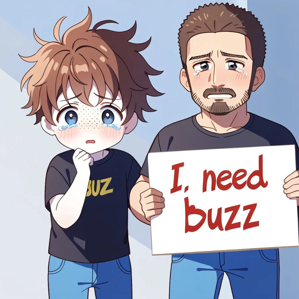 1boy, white skin, freckles, brown hair, messy hair, facial hair, stubble, black t-shirt, blue pants, big eyes, cute, tears, black eyes, dilated pupils, English text, Holding a sign that reads the text: "I need Buzz", handwritten text,