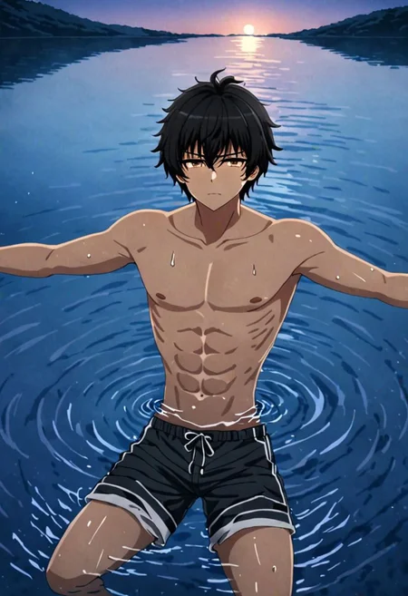 high resolution, solo, best quality, 1Boy, Seiya Kanie, black hair, short hair, thin, swimming, natural lake, clear water, shirtless, shorts, sixpack, twilight, OverallDetail
