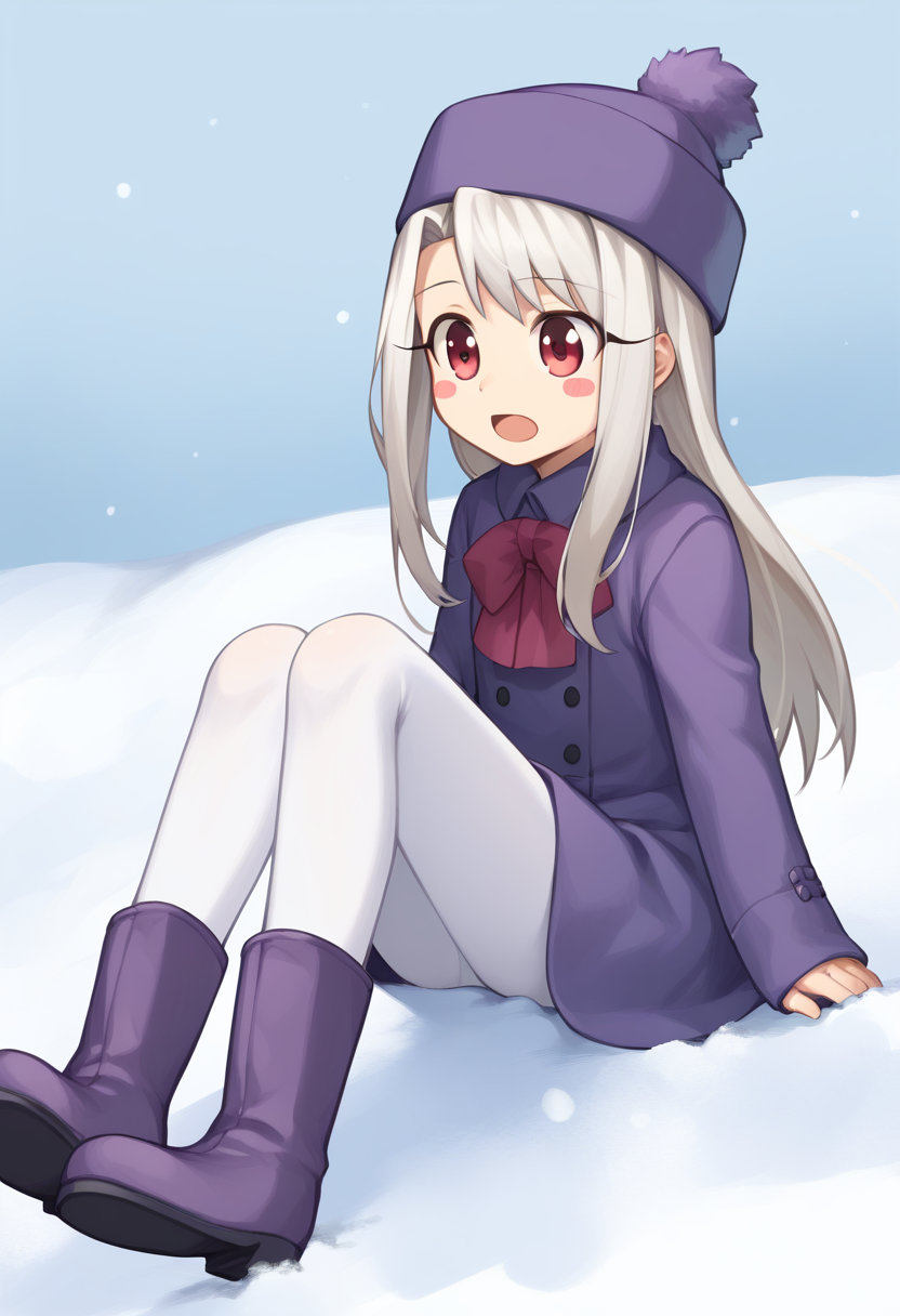 score_9,score_8_up,score_7_up,<lora:fate_zero_all:1>,1girl, character: illyasviel_von_einzbern, solo, transparent_background, sitting, blush, blush_stickers, open_mouth, grey_hair, long_hair, boots, hat, pantyhose, white_pantyhose, winter_clothes, highres, child, snow, bad_id, bad_pixiv_id, purple_hat