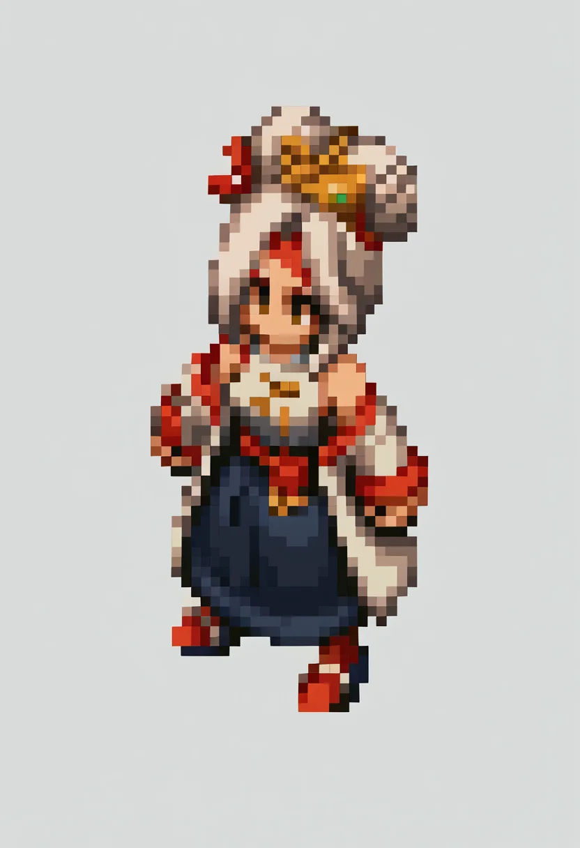 score_9, score_8_up, score_7_up, source_anime, BREAK, solo, 1girl, <lora:FFT-SpritesV2-pdxl_Fp:1>, looking at viewer, straight-on, full body, standing, solid oval eyes, no mouth, no nose, pixel art, <lora:purah-pdxl-nvwls-v1:1>, purah, hair ornament, red headband, sleeveless shirt, white coat, black skirt, red leggings, high heels,