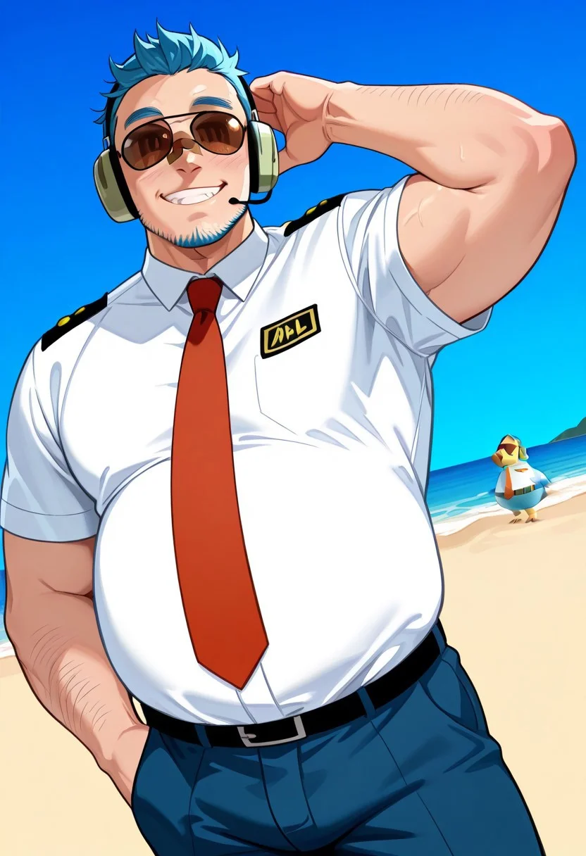 score_9, score_8_up, score_7_up, score_6_up, perfect anatomy, perfect proportions, best quality, masterpiece, high_resolution, high quality, solo male, Wilbur \(Animal Crossing\), personification, humanization, gijinka, blue hair, short hair, black eyes, blue facial hair, jawline stubble, aviation pilot, white collared shirt, red necktie, aviator sunglasses, aviator headset, blue pants, bandaid on nose, adult, mature, masculine, manly, grin, seductive, handsome, charming, alluring, standing, upper body, dutch angle, cowboy shot, beach, day, blue sky, ACWilburDILF, daddy body type, dad bod, fat, chubby, bulky, old man, ACWilbur_outfit01, short sleeves, accurate necktie