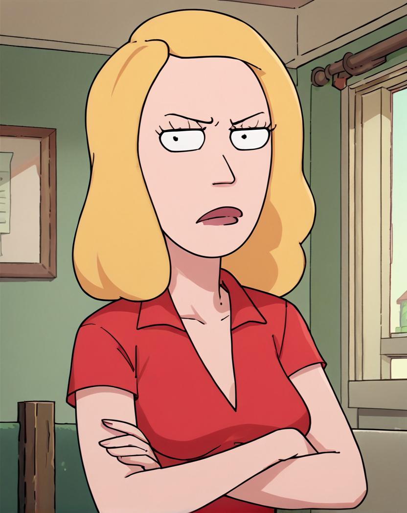 beth, 1girl, blonde hair, solo, red shirt, breasts, score_9, score_8_up, score_7_up, score_6_up, score_5_up, score_4_up, looking at viewer, cowboy shot,indoors,upper body, crossed arms, annoyed,    <lora:BethSmithPony1.0:1>