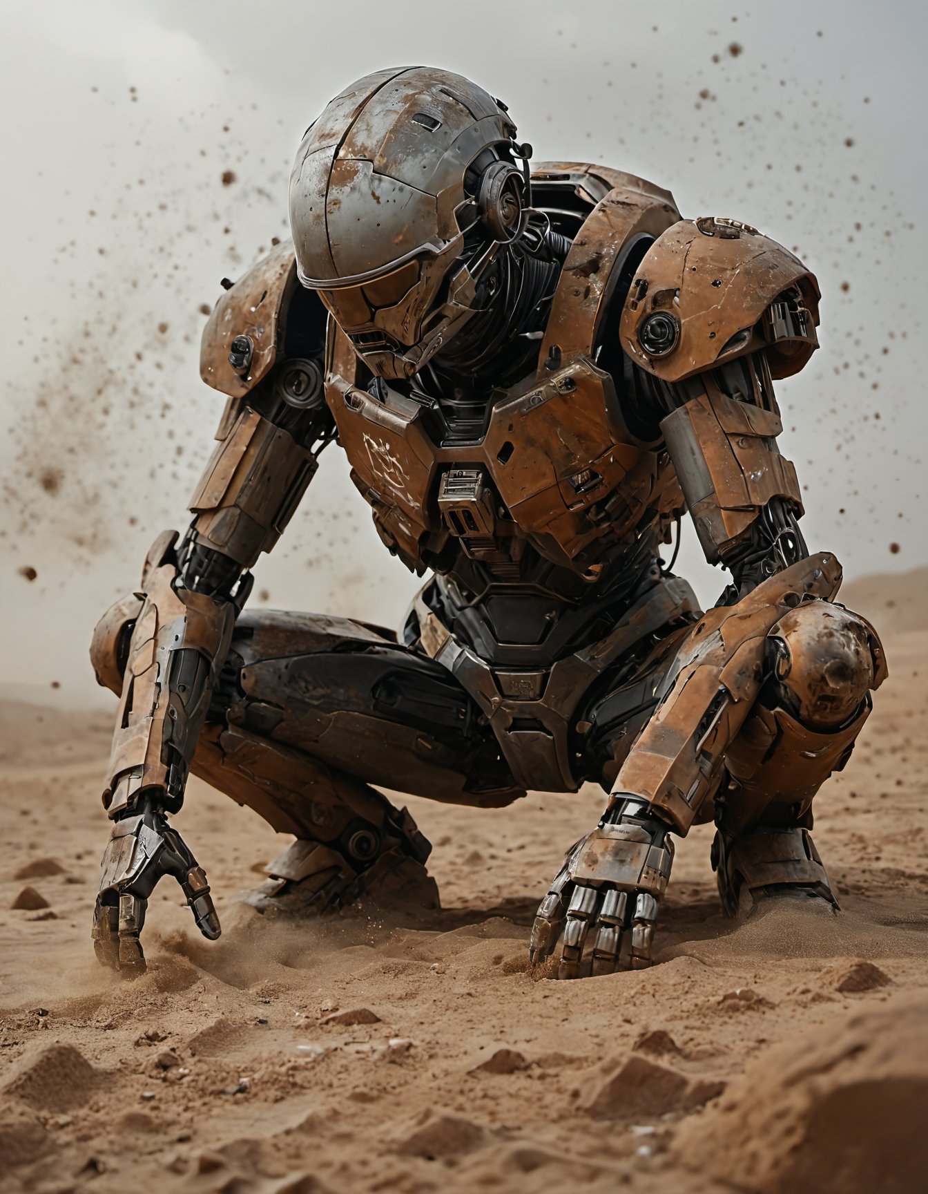 robot|cyborg, old brown power armor, science fiction, rusted,  squat, on desert, (dust wind:1.2), particles, cinematic, close shot, dramatic clouds, dutch angle, dark background  .score_9, score_8_up, score_7_up,score_6_up, rating_safe <lora:- SDXL - vanta-black_contrast_V3.0:1>