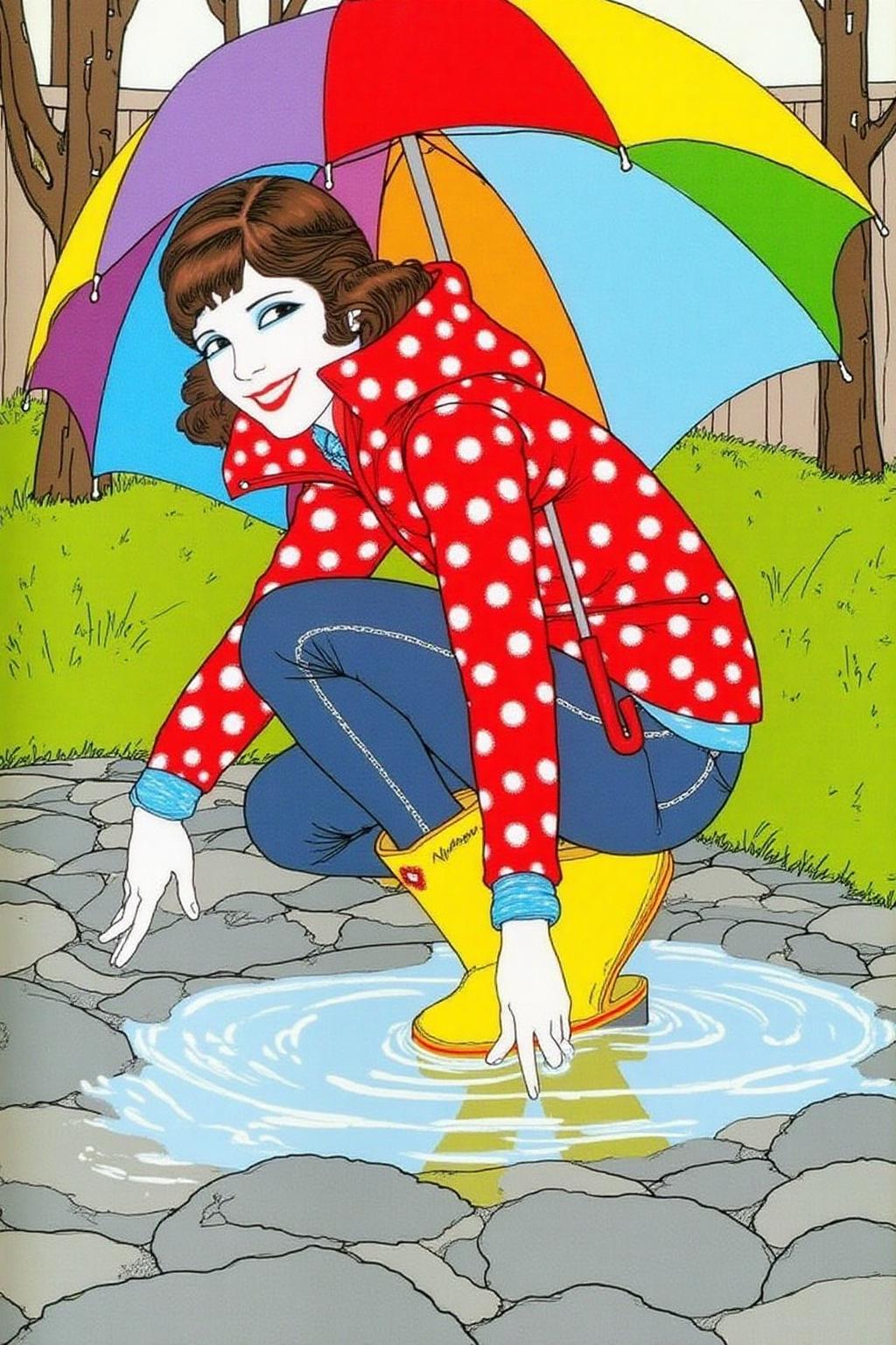 ernestogarciacabral1 illustration.
A young woman, angled from slightly above and to the right, crouching low to the ground in a puddle. The young woman is wearing bright yellow rubber boots and a red jacket with white polka dots. The jacket sleeves are pushed up to reveal blue cuffs. The young woman also wears dark blue jeans and has a smile on her face as she extends her right index finger to touch the water in the puddle. Above the young woman is a large, open umbrella with rainbow-colored panels and a red handle. The ground is wet and paved with grey stones, reflecting the sky and umbrella. The background is slightly blurred, showing hints of green grass and trees. The lighting is overcast and diffused, typical of a rainy day. <lora:ernestogarciacabral1_cap_d6a3:1.0><lora:849846847722753120:0>
