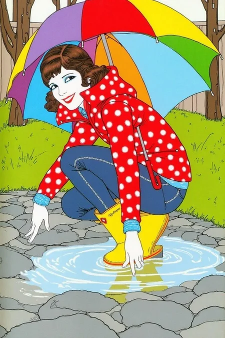 ernestogarciacabral1 illustration.
A young woman, angled from slightly above and to the right, crouching low to the ground in a puddle. The young woman is wearing bright yellow rubber boots and a red jacket with white polka dots. The jacket sleeves are pushed up to reveal blue cuffs. The young woman also wears dark blue jeans and has a smile on her face as she extends her right index finger to touch the water in the puddle. Above the young woman is a large, open umbrella with rainbow-colored panels and a red handle. The ground is wet and paved with grey stones, reflecting the sky and umbrella. The background is slightly blurred, showing hints of green grass and trees. The lighting is overcast and diffused, typical of a rainy day. <lora:ernestogarciacabral1_cap_d6a3:1.0><lora:849846847722753120:0>