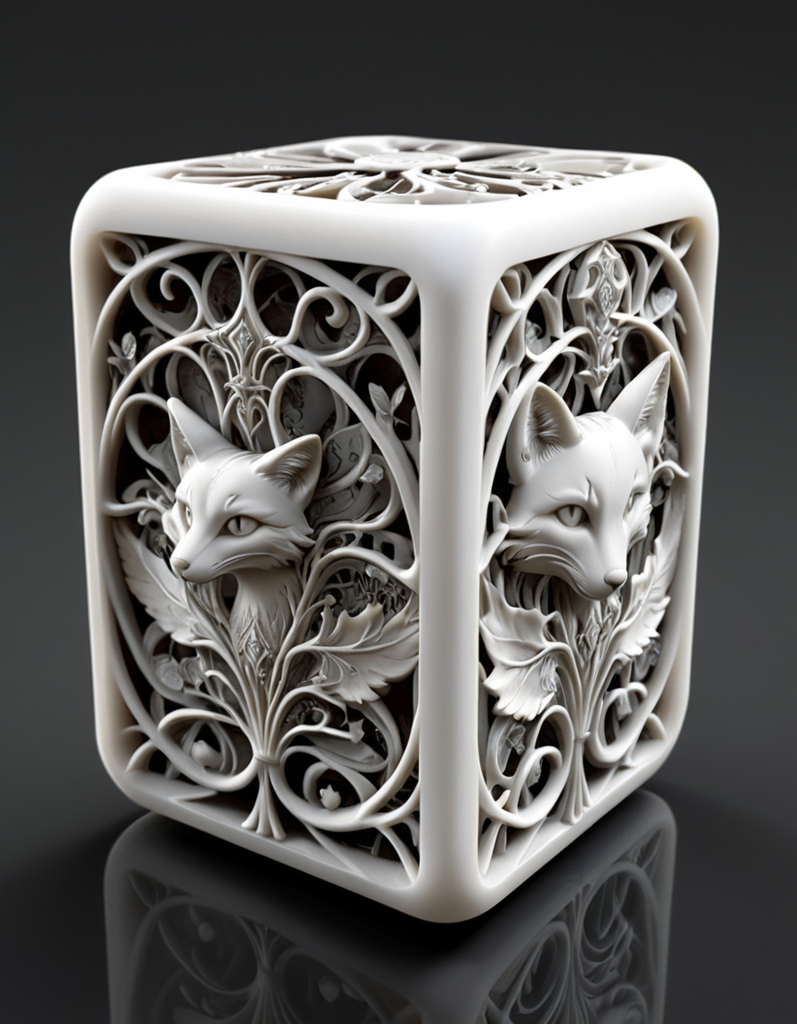 professional 3d model of Art Nouveau  Chromatic npr (non-photorealistic rendering) fox engine realist decalcomania 2d, 
white 3d model of a Dice
natural, shimmering, vibrant, gothic, rpg,1400ad, ultra detailed, detailed, immersive, reminiscent of high fantasy RPG games, HD, masterpiece, best quality, hyper detailed, super realistic, award-winning, professional, breathtaking,
 <lora:3DPrintingXL:1> whitemold, 3d printed mold, octane render, highly detailed, volumetric, dramatic lighting