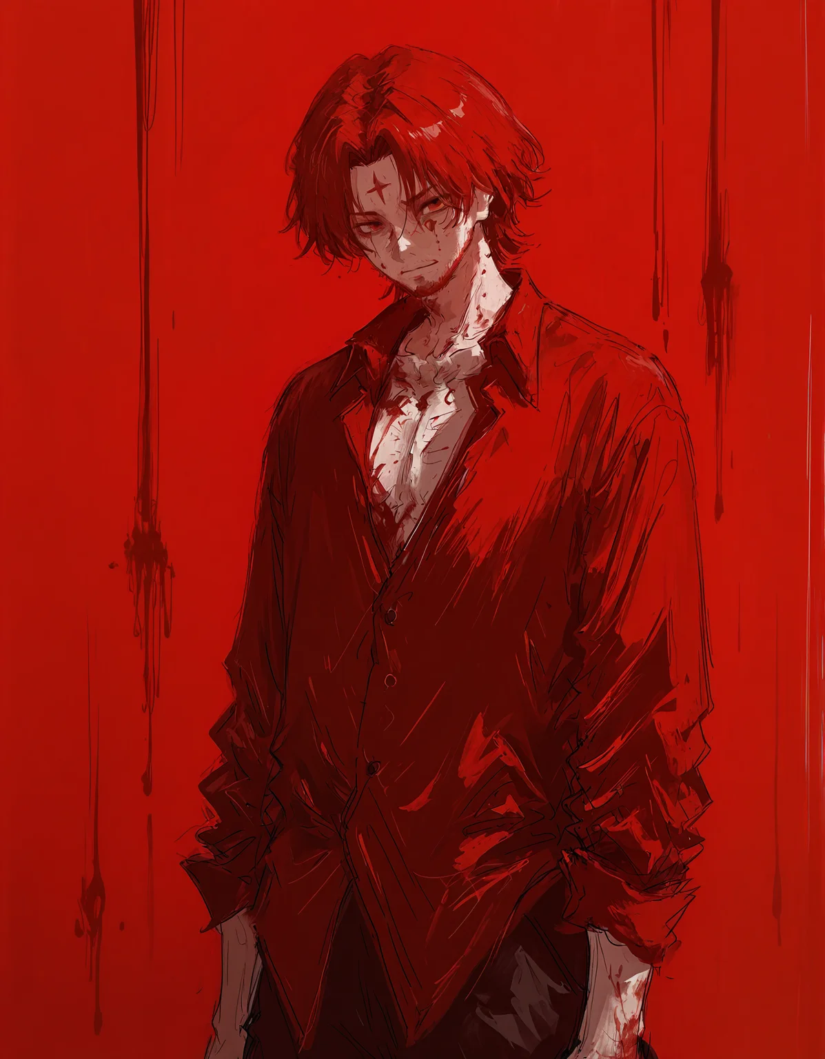 masterpiece, best quality, newest, highres, absurdres, <lora:fuyumur4s4ki_style:1>,fuyumur4s4ki_illu, 1boy, male focus, solo, red theme, red hair, facial hair, blood, red background, shirt