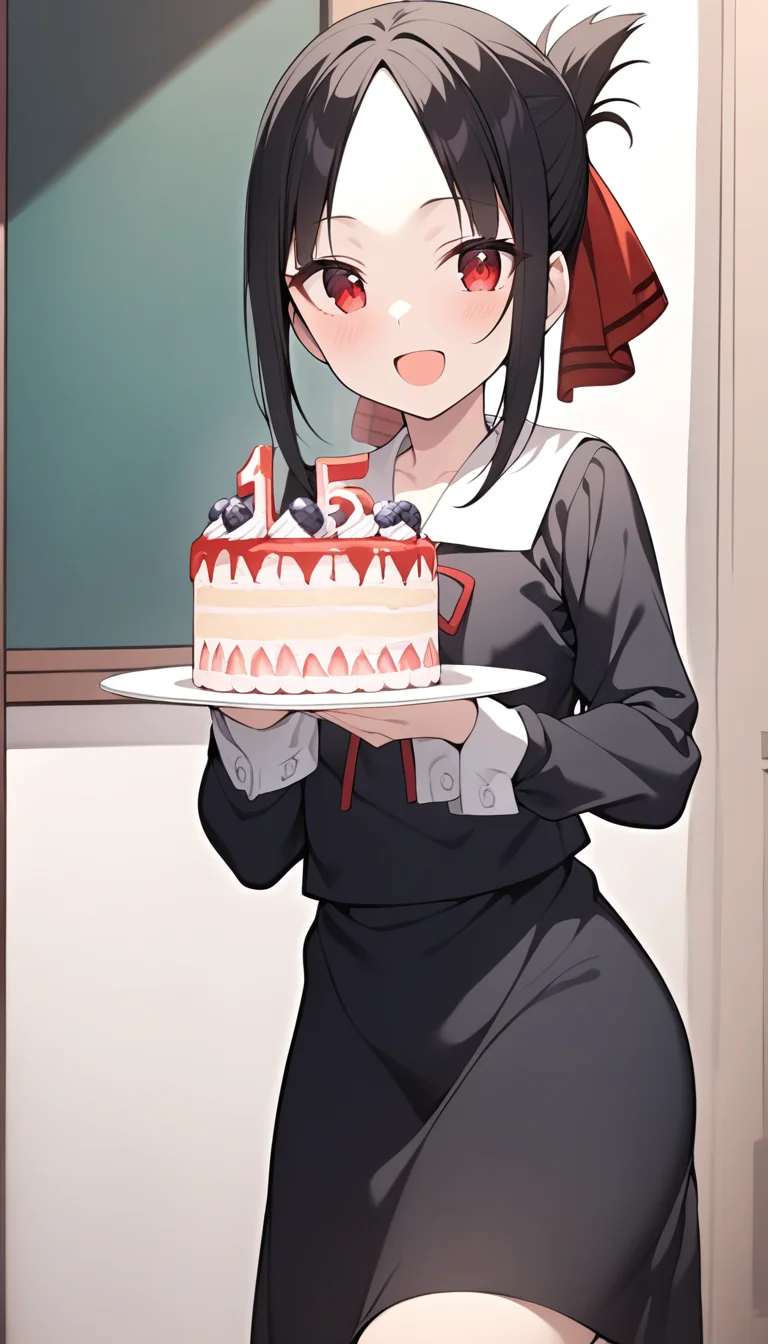 masterpiece, best quality, 1girl, kaguya, <lora:kaguyaSDXL:0.8>, school uniform, black dress, black skirt, red ribbon, long sleeve, looking at viewer, standing, parted bangs, cowboy shot, happy, holding cake