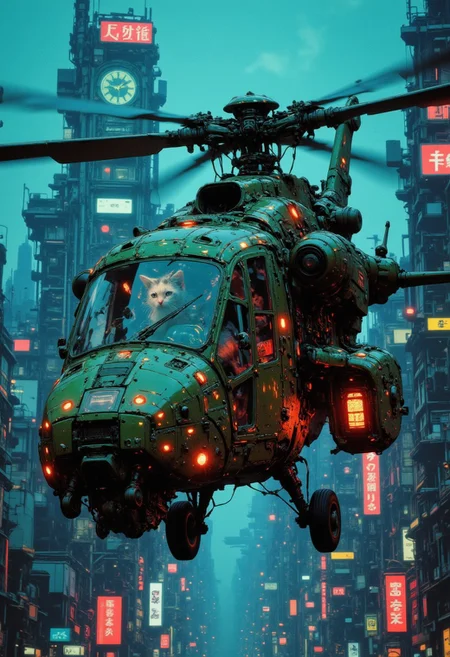 an image of a futuristic, highly advanced attack helicopter moving rapidly in the air above a cyberpunk city at night. The hull is made of a dark gunmetal alloy with rivets, bolts, glowing LEDs and diodes, and the helicopter has large guns mounted on the exterior; the cockpit shows glowing led lights, and has a large air intake, motion blur on the propellor blades ,Piloted by a cat, CAICO