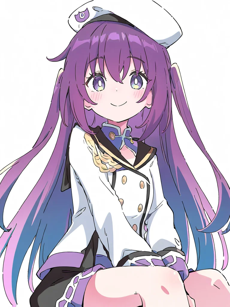 1girl,solo,simple background,white background,looking_at_viewer,smile,sitting,,danyang,purple hair,hat,<lora:danyang-000012:1.1>, masterpiece, best quality, very aesthetic, absurdres,newest, incredibly absurdres,, ,(Ixy:0.6)),(hiten \(hitenkei\):0.7),