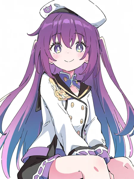1girl,solo,simple background,white background,looking_at_viewer,smile,sitting,,danyang,purple hair,hat,<lora:danyang-000012:1.1>, masterpiece, best quality, very aesthetic, absurdres,newest, incredibly absurdres,, ,(Ixy:0.6)),(hiten \(hitenkei\):0.7),