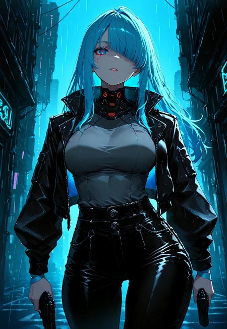 Very Aesthetic, masterpiece, best quality, very awa, Avarice, painterly, 1girl, long hair, bangs over eye, neon blue hair, black jacket, grey shirt, black leather pants, pistol, rain, cyberpunk, soft shadows, film grain,
