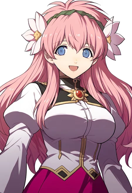 score_9, score_8_up, score_7_up, source_anime BREAK 1girl, solo, <lora:zs_FE3HPortraitsXL:1> fe3hportraits, upper body, white background,milfeullesakuraba, 1girl, solo, hair flower, smile, hairband, skirt, open mouth, large breasts